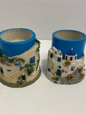Vintage Handmade Grecian Taper Candle Holders Set 2 Greek Villa Blue And White
